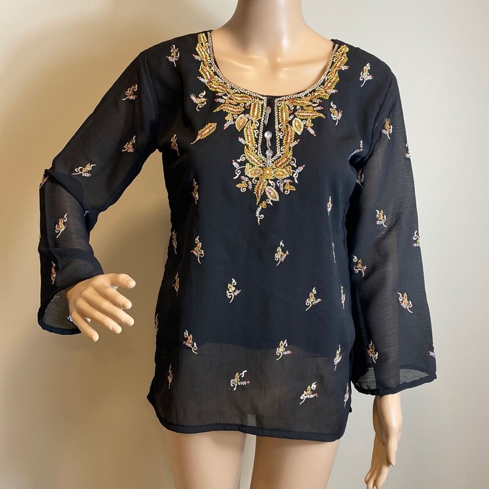 Black Embroidered Scoop Neck Blouse